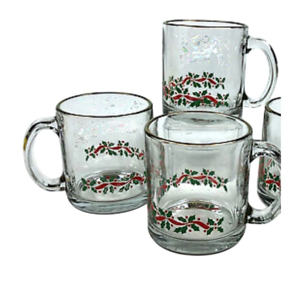 Libbey Holiday Footed Mugs, Christmas Holly Design, Set of 3 Vintage Glassware